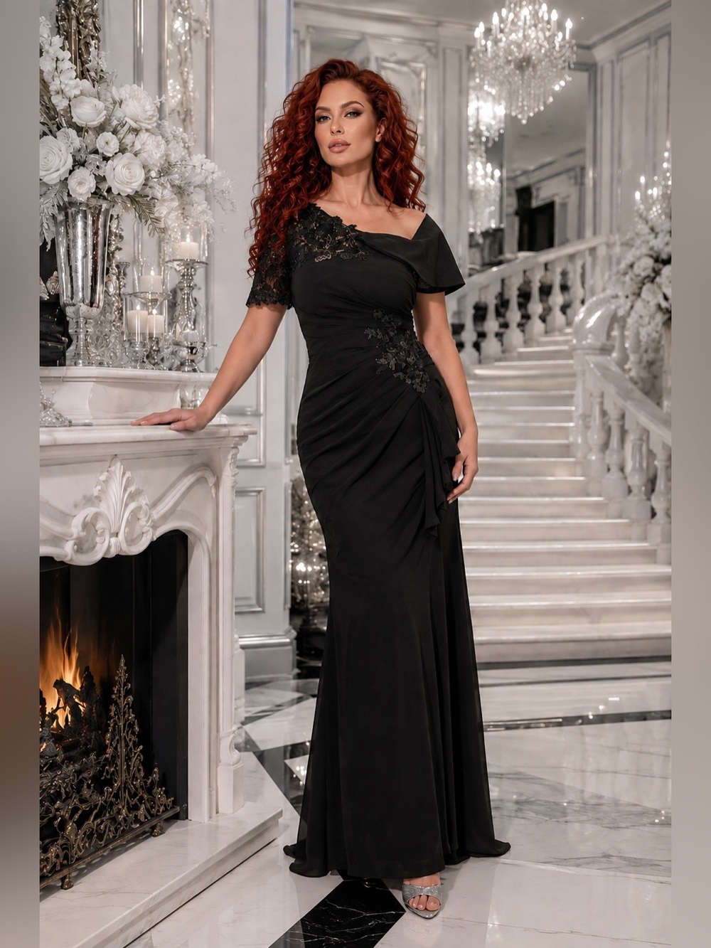 NWOT Black Chiffon Lace Sequin Formal Evening Wedding Military Gown Dress Sz 6